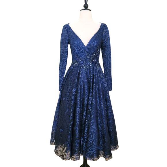 Mac Duggal 112181 Navy Blue 4 Floral Long Sleeve Midi Tea V Formal Gown Dress - Picture 2 of 11